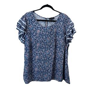 Cynthia Rowley Blue Floral Ruffle Short Sleeves Boho Cottage Core Top Size 3X